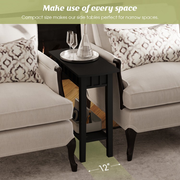 Narrow black wood end table with storage shelf, perfect for small spaces, featuring a classic design and waterproof.